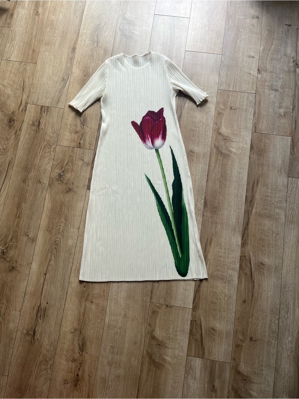 Cream Maxi Dress with Pink Tulip Print
